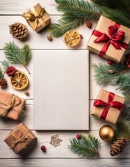 New Year greeting card with pine branches, gift boxes on white background