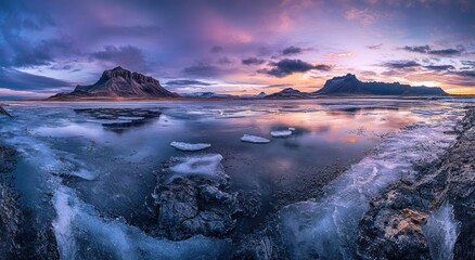 Fototapeta premium Icelandic Landscape Sunset Mountains Ice Water Reflection