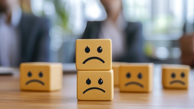 Customer pain points analysis concept with yellow cubes showing sad faces, representing dissatisfaction in financial product services, aimed at product improvement and development, business, research,