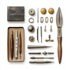 Collection of vintage tools arranged on a white isolated background.