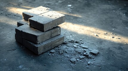Broken brick blocks scattered on a dusty cement floor with natural light creating a textured backdrop for design or construction themes