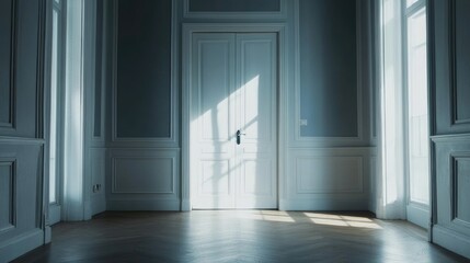Closed door in bright room interior with wooden floor sunlight illuminating empty space creating serene atmosphere