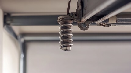 Broken torsion spring from sectional garage door illustrating material failure in a residential garage setting with selective focus on the spring.