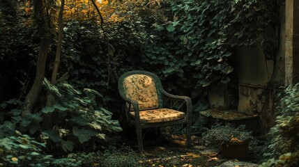 Solitary vintage chair surrounded by lush greenery in an overgrown garden setting evoking tranquility and nostalgia.