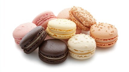 Assorted colorful macarons arranged on a bright white background, featuring pink, yellow, and chocolate flavors, perfect for dessert themes, food photography, culinary delights.