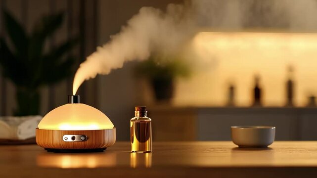 Aromatherapy diffuser with essential oil bottle and soft lighting in a cozy setting - water wellness