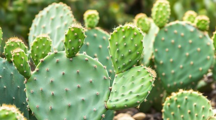 Detailed close-up of green prickly pear cactus (Opuntia ficus-indica) showcasing textured pads and spines, highlighting succulent fruit possibilities, botanical, tropical, nature.