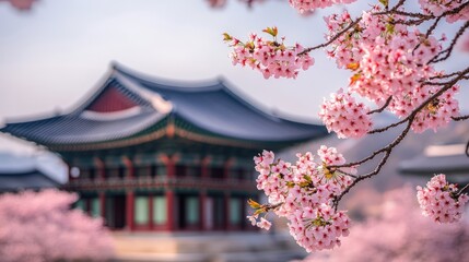 Cherry blossoms in South Korea with traditional architecture and soft focus background during spring season