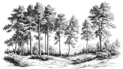 A serene landscape showcasing a grove of tall pine trees amidst gentle hills, illustrated in detailed black and white.