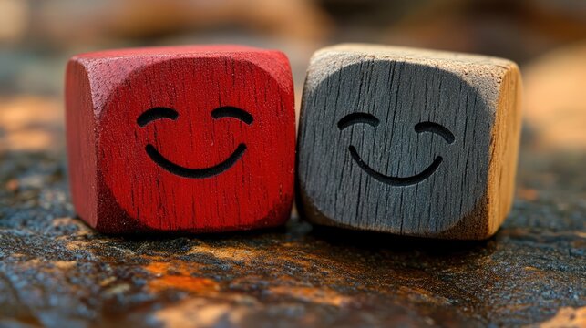Wooden blocks with cheerful and gloomy facial expressions symbolizing customer satisfaction reviews, focus on evaluating business performance through customer feedback, business, survey, emotions, eva