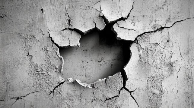 Closeup of a cracked cement wall showcasing textured surface and a prominent hole revealing underlying layers