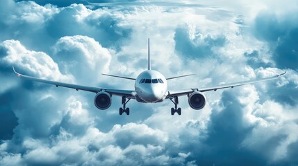 Fototapeta premium Airplane flying above fluffy clouds in a dramatic cloudy sky creating a sense of freedom and adventure in aviation travel