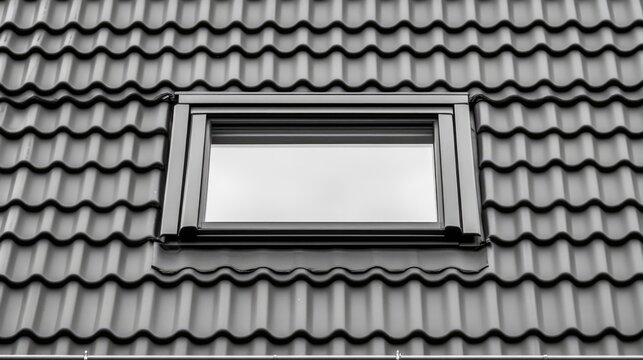 Modern skylight on dark tiled roof showcasing geometric patterns and clean architectural design in a striking monochrome contrast.