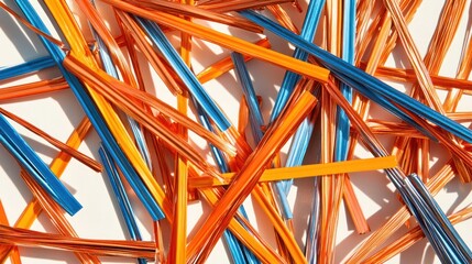 Abstract background of scattered orange and blue plastic sticks on white surface.