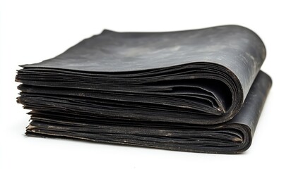 Close up of stacked black wet dry sandpaper sheets isolated on a clean white background for construction and DIY projects