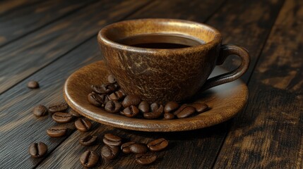 Rustic brown coffee cup with beans on dark wooden parquet background for cozy beverage themed imagery