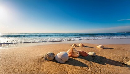 a picturesque scene of several seashells laying on the sand of a bright and sunny beach with clear blue sky and shimmering ocean water in the background