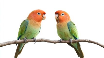 Pair of colorful parrots perched closely on a branch highlighting their vibrant plumage against a clean white background.