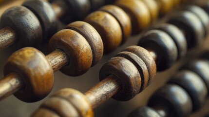 Detailed close up of antique wooden abacus showcasing its distinct beads and natural textures highlighting historical calculating tools