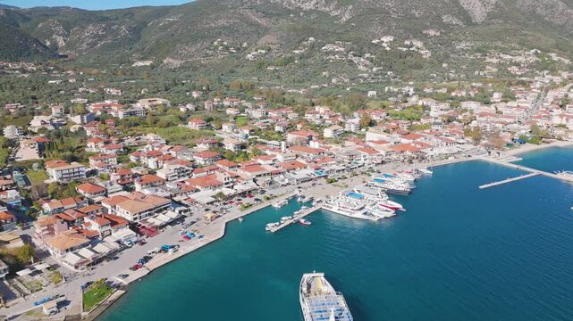 Aerial drone view of the coastal town of Nydri on the island of Lefkada in Greece.