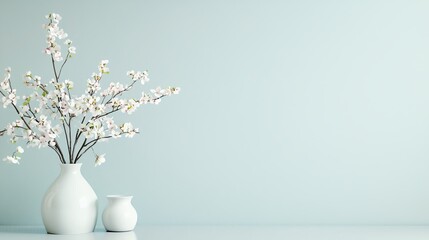 Elegant ceramic vases with delicate blossoms on a minimalist background.
