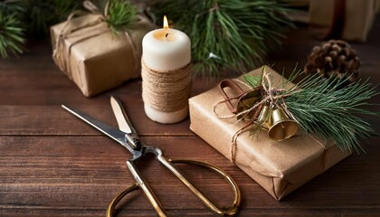 stylish christmas gifts wrapped in craft paper candle scissors fir branches and bells on rustic wood stylish simple scandinavian xmas presents atmospheric moody image eco friendly holidays