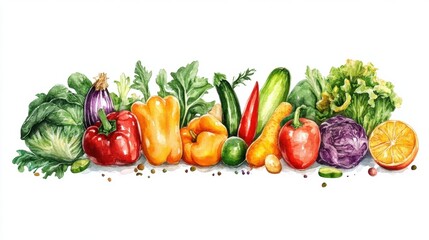 A vibrant assortment of fresh vegetables and fruits arranged artistically, showcasing various colors and textures.