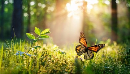 beautiful natural atmospheric image of spring or summer morning forest with sunbeams breaking through and butterfly in wild grass magic and mystery of wild nature and environment