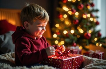 A boy is opening a Christmas present by a Christmas tree