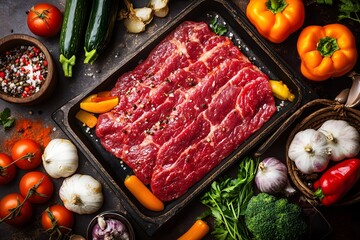 A vibrant arrangement of fresh vegetables and raw meat, ideal for cooking or meal preparation.