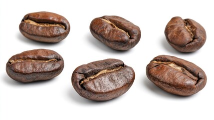 Obraz premium Close-up of freshly roasted coffee beans arranged on a clean white background, highlighting texture and color variations, food photography, culinary use, simple composition.