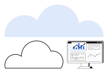 Computer monitor displaying growth charts, analytics, and cloud graphics. Ideal for digital transformation, business growth, data analysis, cloud computing, technology, innovation and IT