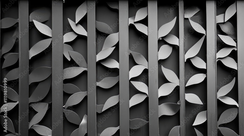 Poster architectural detail of a steel shade louver with leaf patterns creating texture and depth on a mode