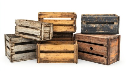 Obraz premium Wooden crates in various weathered finishes, including black and natural wood tones, arranged against a clean white background, rustic home decor, storage solutions, packaging.