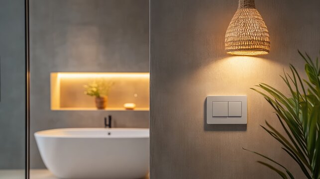 Elegant bathroom interior featuring Australian light switch and stylish pendant lighting with modern tub and green plant accents.