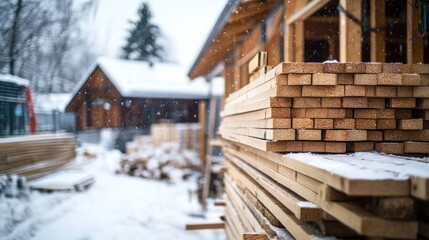 Winter scene showcasing stacked wooden planks and bars for sale at a construction site surrounded by snow and wooden structures.