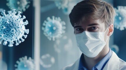 Businessman on video call wearing a mask during quarantine showcasing remote work communication in pandemic scenario
