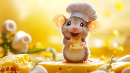cute mouse wearing hat chef standing on gruyer cheese, yellow background banner


