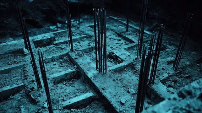 Building Construction Site Foundation with Rebar Framework for Structural Development and Renovation Project