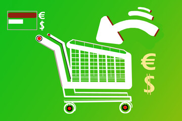 Carro icono para compras de mercado web online y market digital para comercio con fondo verde y símbolo de tarjeta de crédito junto a logo euro y dolar