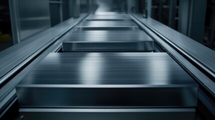 Close-up of battery components on a production line for electric and hybrid vehicles, showcasing metallic surfaces and precise engineering, automotive industry, manufacturing process, technology.