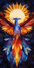 Fototapeta premium Vibrant Phoenix Rising Against a Radiant Sun in a Stained Glass Style Perfect for Fantasy and Inspirational Art Themes