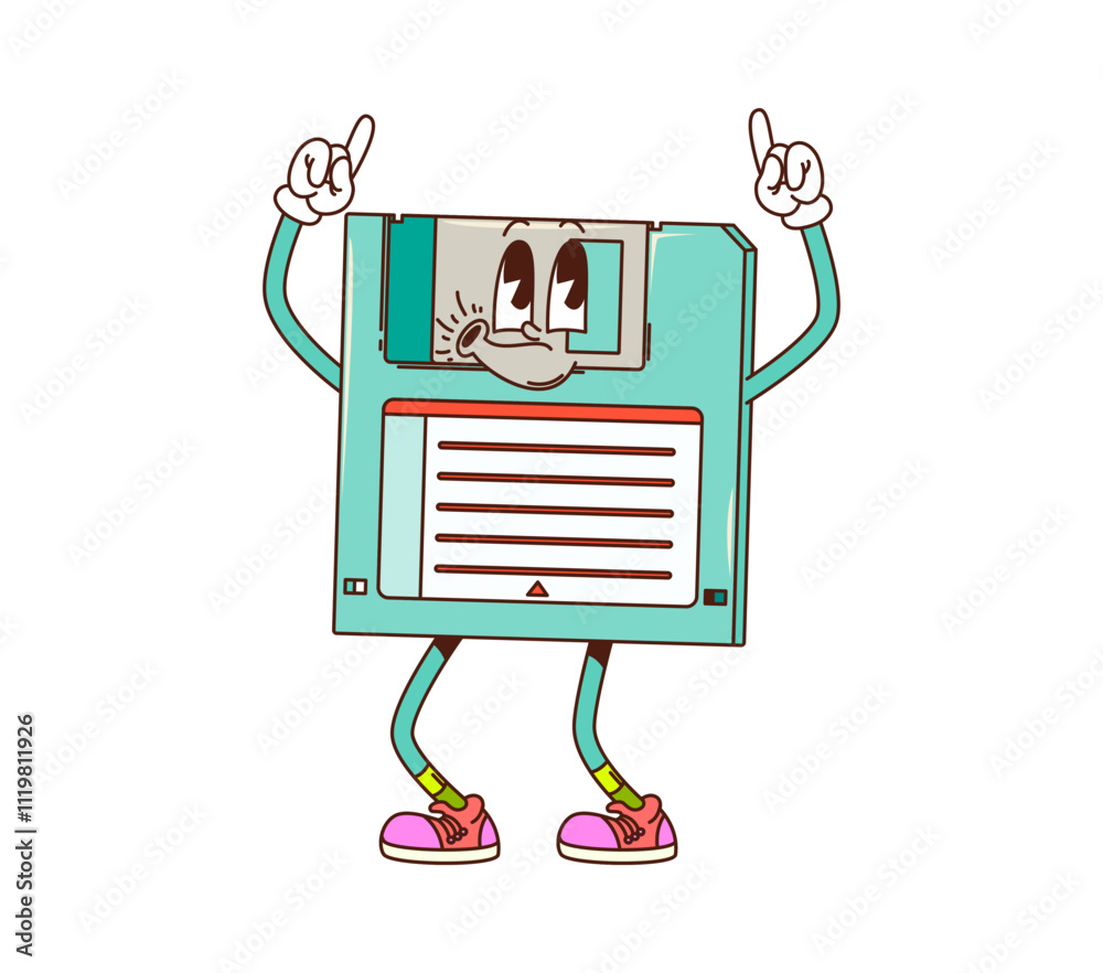 Poster retro groovy computer diskette character. isolated cartoon vector vintage floppy disk personage with