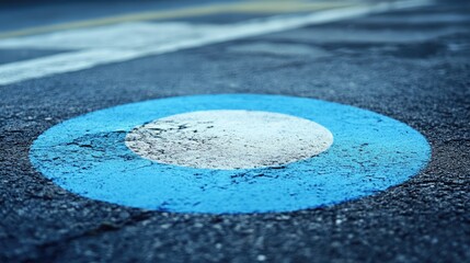 Blue circle symbol on asphalt surface representing distance and navigation concept in urban environment.