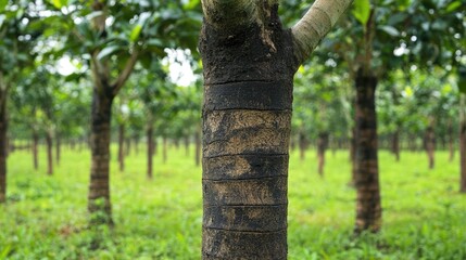 Fototapeta premium Closeup of incised rubber tree trunk in lush rubber plantation showcasing natural sap extraction process in verdant surroundings