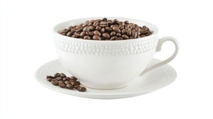 Fototapeta premium Closeup of a white ceramic cup filled with roasted coffee beans on a white background showcasing coffee's rich texture and aroma