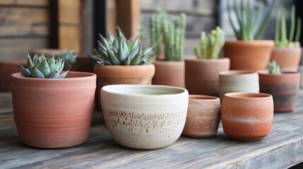 Variety of ceramic and terracotta plant pots with succulents displayed on rustic wooden table in a charming shop setting
