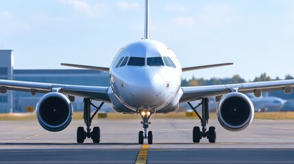 Close-up view of a large passenger airliner cockpit preparing for takeoff on a runway against a clear blue sky