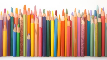 Fototapeta premium Vibrant assortment of color pencils arranged in a row against a clean white background, showcasing various colors and tips, art supplies, creativity, education, stationary.
