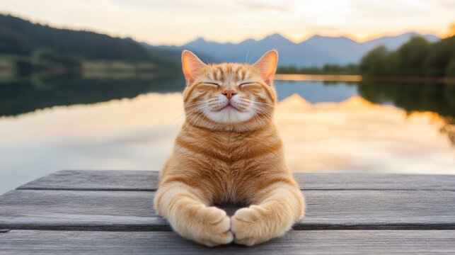 Relaxed orange tabby cat sitting on a wooden pier by a serene lake at sunset, enjoying nature, AI - Powered by Adobe